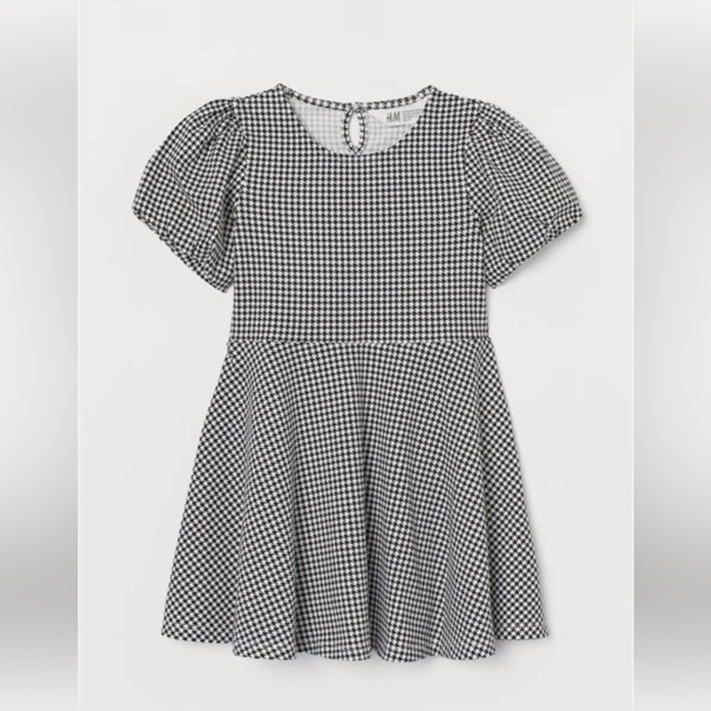 H&M girls puff sleeve houndstooth skater flare dress size size 6x/7